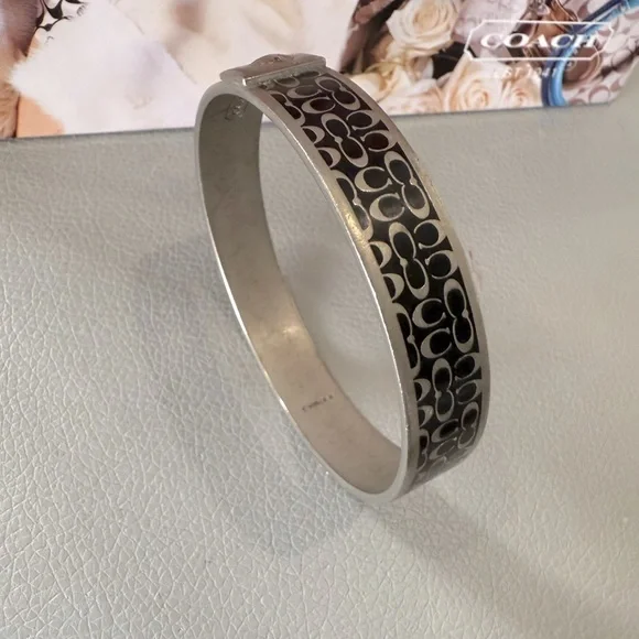 Coach Signature Black Silver Tone Bangle Bracelet - Picture 1 of 8